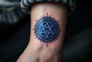 A deep blue pentacle encircled by ancient runes, glowing subtly with silver highlights. tattoo idea
