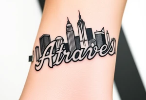 3D layered Atlanta skyline with Atlanta Braves letter logo tattoo idea