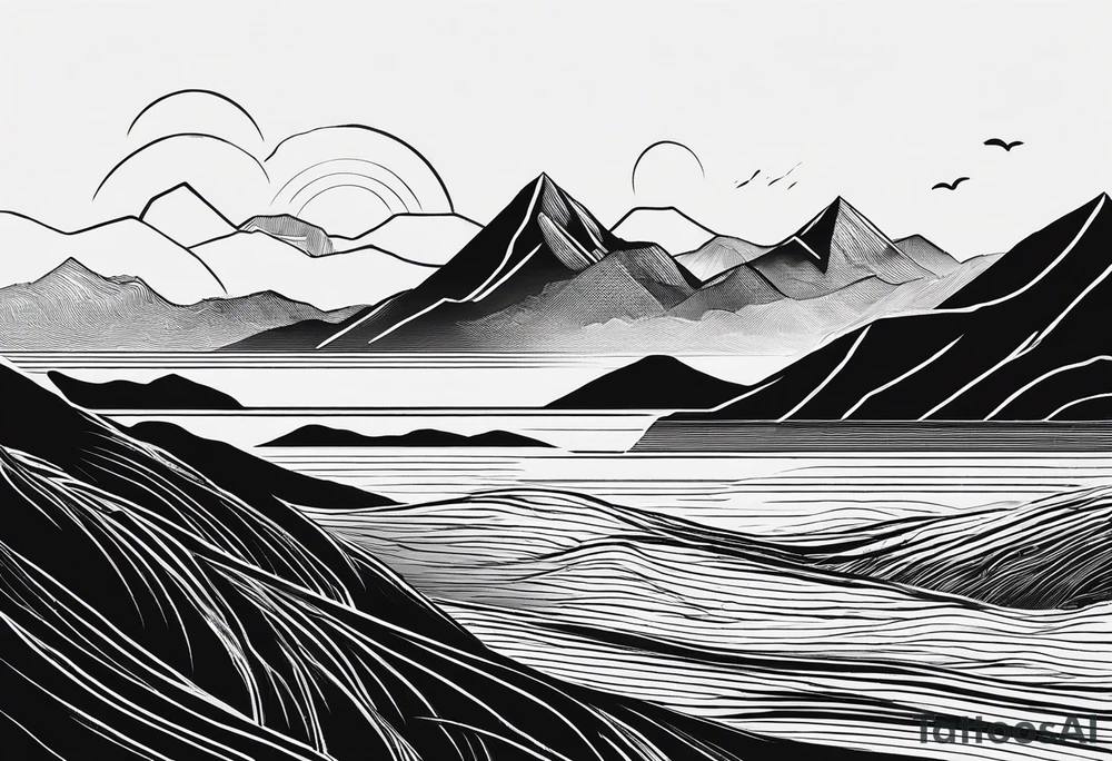 straight line - represents overcoming challenges & strength - mountains, waves with a little sunshine tattoo idea