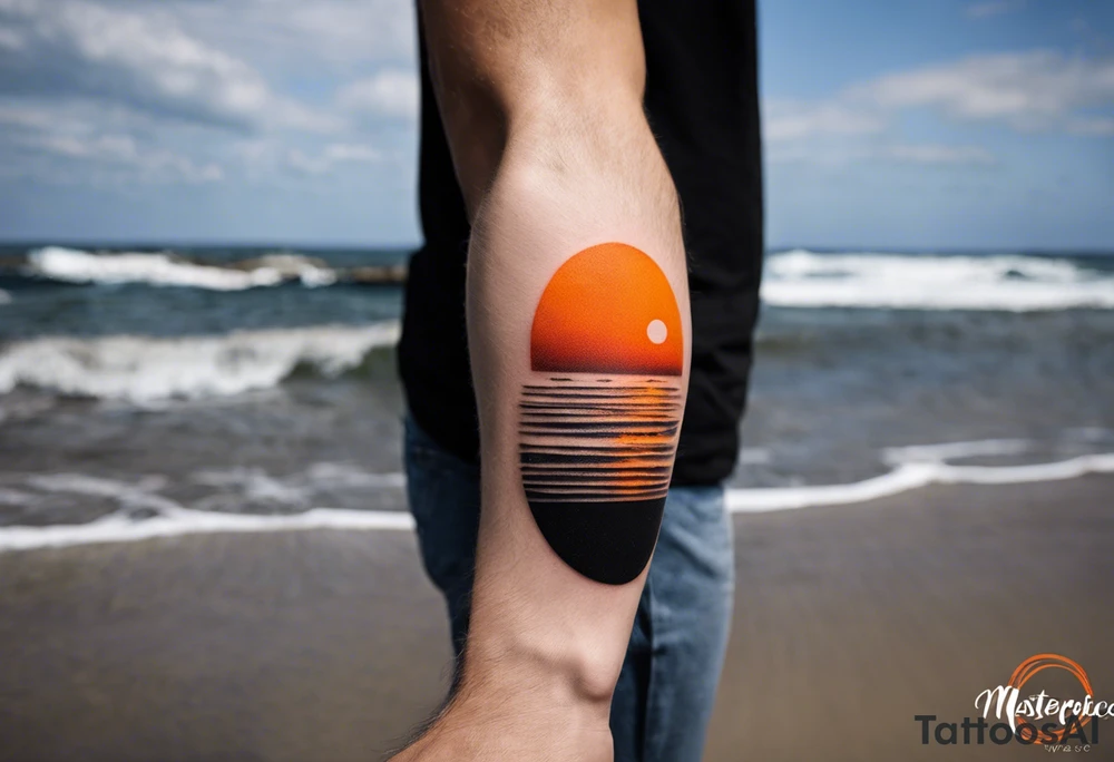 This is an extremely simple and minimalistic tattoo on male forearm. It is black and white with minuscule splashes of orange from the sun. The tattoo 4 inches wide by 2 inches tall. It is NOT a circle. From the perspective of being on the ocean, Water is calm, with no waves in sight, the sun is setting behind the ocean, reflecting light onto the water. The water has shading. tattoo idea