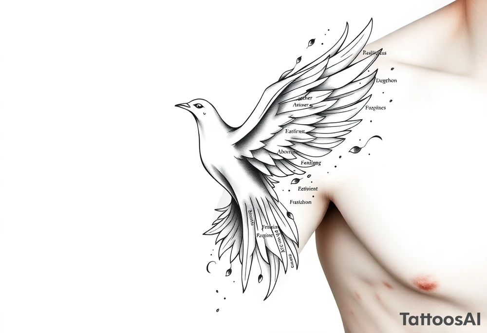White dove of fire with the names of God and the Characteristics of the Holy Spirit in English tattoo idea