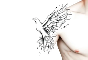 White dove of fire with the names of God and the Characteristics of the Holy Spirit in English tattoo idea