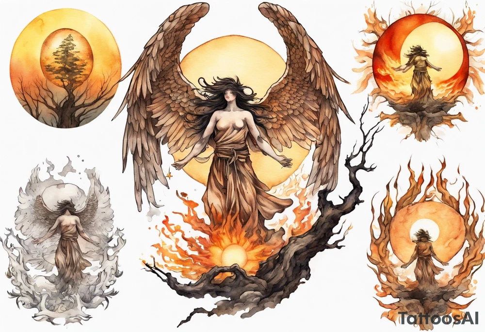 a bronze skinned angel in front of a blazing sun looking down upon a tree tattoo idea