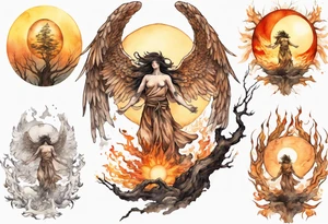 a bronze skinned angel in front of a blazing sun looking down upon a tree tattoo idea