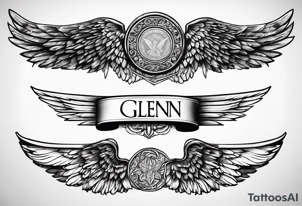 The word Glenn on a banner with angel Wings tattoo idea