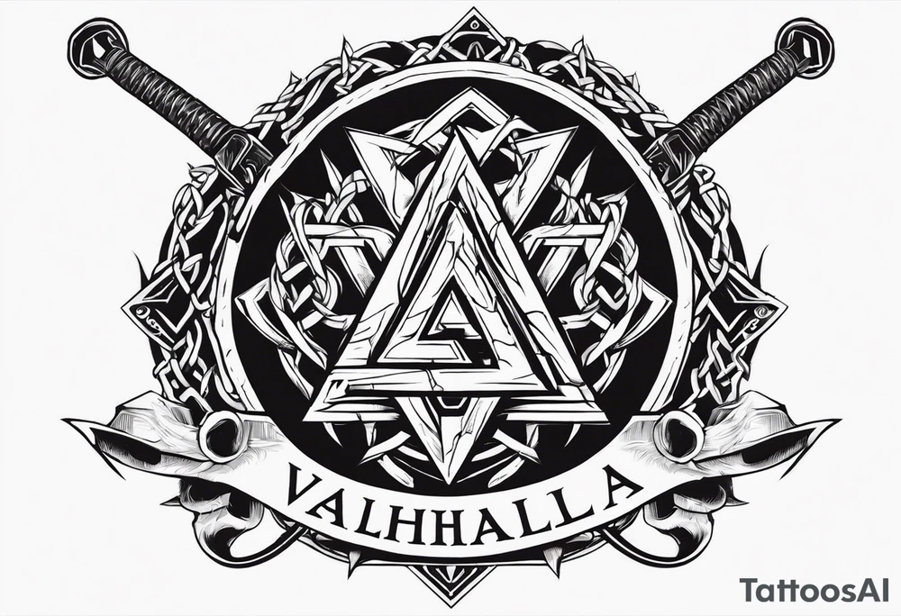Valhalla sword shield axe barbed wire chains valknut fire dragon tattoo idea Valhalla sword shield axe barbed wire chains valknut fire dragon tattoo idea