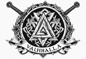 Valhalla sword shield axe barbed wire chains valknut fire dragon tattoo idea