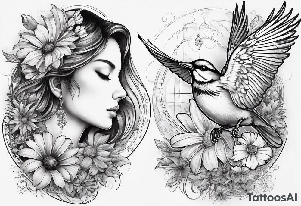 spiritual neck sleeve with a flying sparrow on side of neck with cosmos flower and a daisy flower and an iris flower, with staircase
 leading up to light and sunrays, ohm symbol about consciousness and transcendence tattoo idea