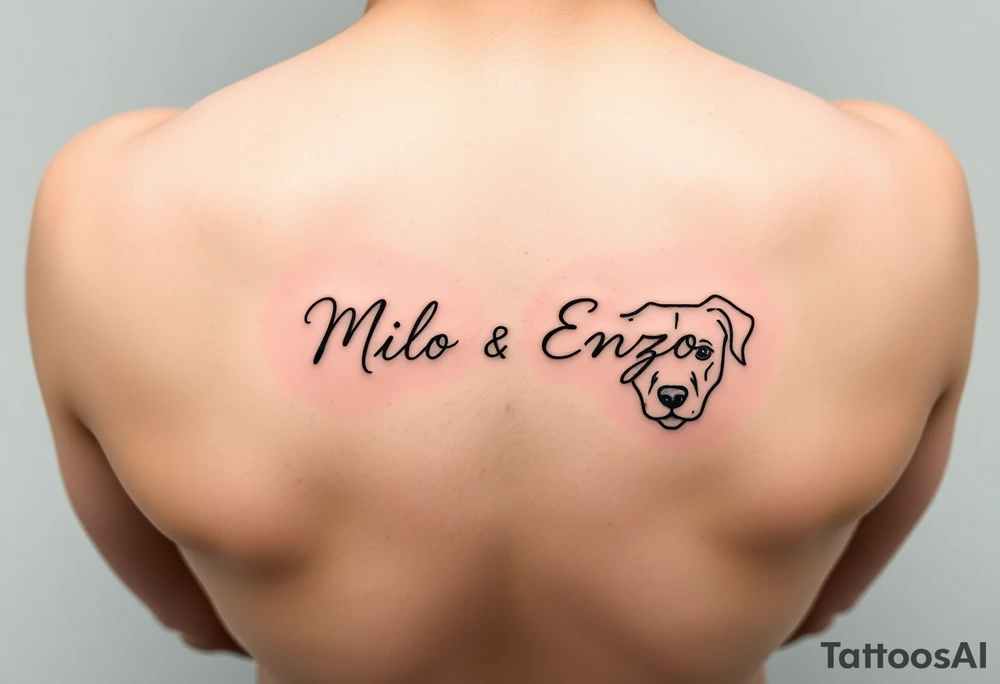 minimal ling line dog lover tattoo , dogs name in cursive Milo and Enzo tattoo idea
