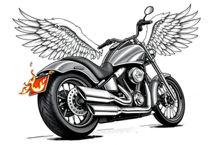 Low rider grey motorcycle, big muffler pipes with flames, angel wings, driving away, no person tattoo idea