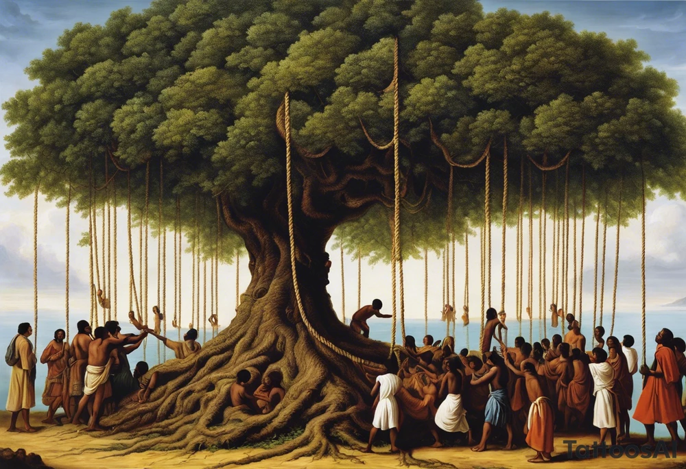 utopia picture of a tree at one level where above the surface is a group of people living in prosperity surrounding a tree. Below the surface the roots of the tree go down and turn into ropes and people are climbing these ropes to try and reach the above the surface. below the people climbing the ropes is hell, wih depicting of war slavery and death. going back to the top, above the tree is a perfection or heaven / nirvana. . include alchemical and occult symbols to depict this journey to enlightenment like religious or astrolligcal symblol. make it a full body tattoo stencil where the top of the tree would be at the chest and the ropes at the legs. tattoo idea