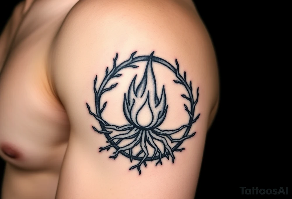 a round flame imprisoned in a roots circle tattoo idea