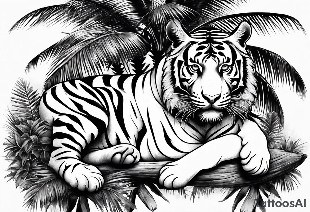 tiger laying on palm tree tattoo idea
