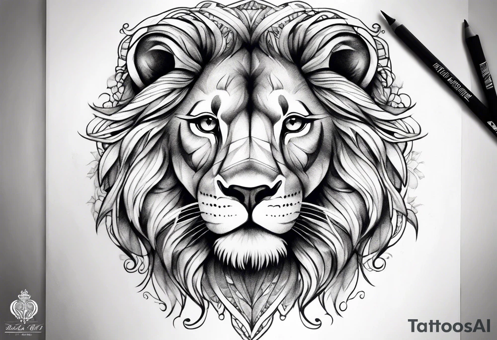 Lion face thigh tattoo half lion half design tattoo idea TattoosAI