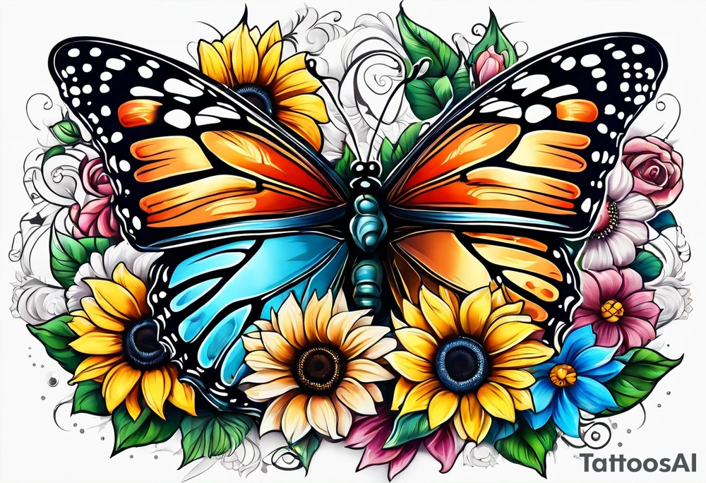animal butterfly , flower rose, sunflower, tattoo idea