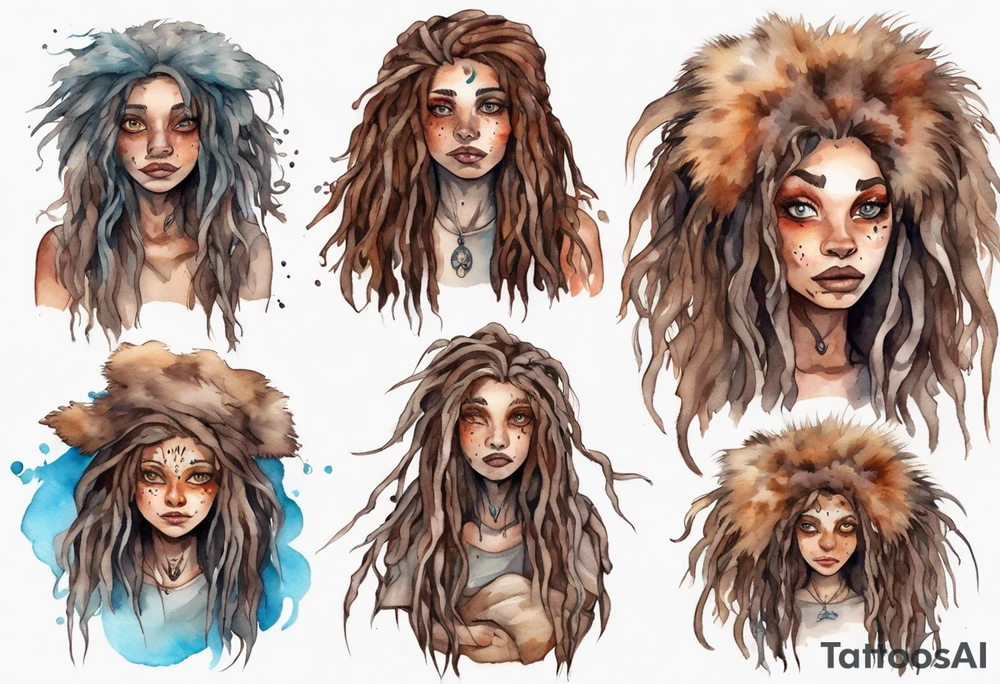 a mole woman with large eyes pale fur and messy brown dreadlocks tattoo idea