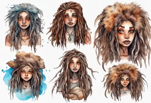 a mole woman with large eyes pale fur and messy brown dreadlocks tattoo idea