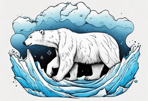 arm tattoo of weather and a little muscular polar bear and ice berg and some nature make colors primary black and white with a little blue tattoo idea