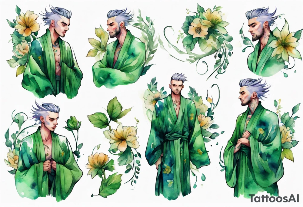 a man-flower hybrid wearing a flowing floral robe with green leafy hair tattoo idea