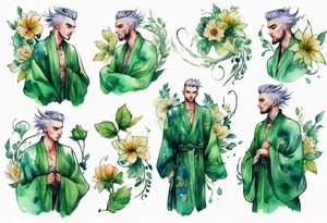 a man-flower hybrid wearing a flowing floral robe with green leafy hair tattoo idea