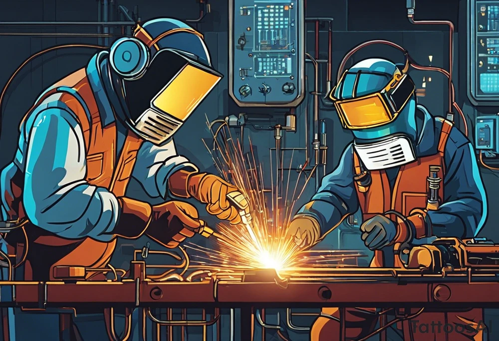 Two 60-year-old characters working together on creating a big mechanism made of iron and electronic circuits. The first character is a welder, dressed in a welding suit and mask. The second character is a fitter, wearing a shirt with sleeves rolled up to the forearms and a tool belt. No hat. The mechanism they are working on should be in the center of the drawing, should look like a heart and to be 1\5 of the whole immage.  Characters positioned on either side of the mechanism. The sketch should convey a sense of teamwork and craftsmanship tattoo idea