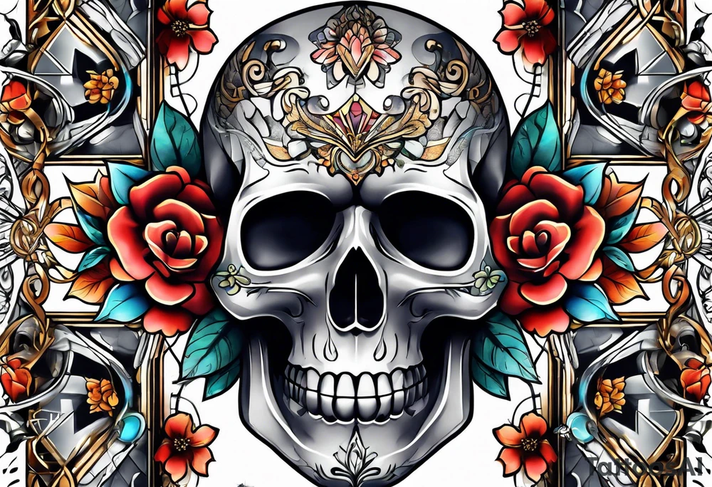 front knee tattoo with flowers & skulls, & water washes, background washes tattoo idea