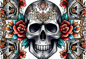 front knee tattoo with flowers & skulls, & water washes, background washes tattoo idea
