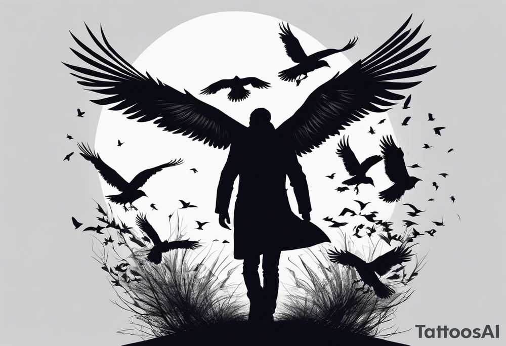 Silhouette of a man on his hands and knees bent over with crows coming out his back like pieces of him flying away. tattoo idea