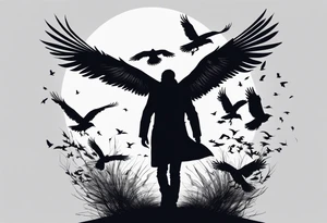 Silhouette of a man on his hands and knees bent over with crows coming out his back like pieces of him flying away. tattoo idea