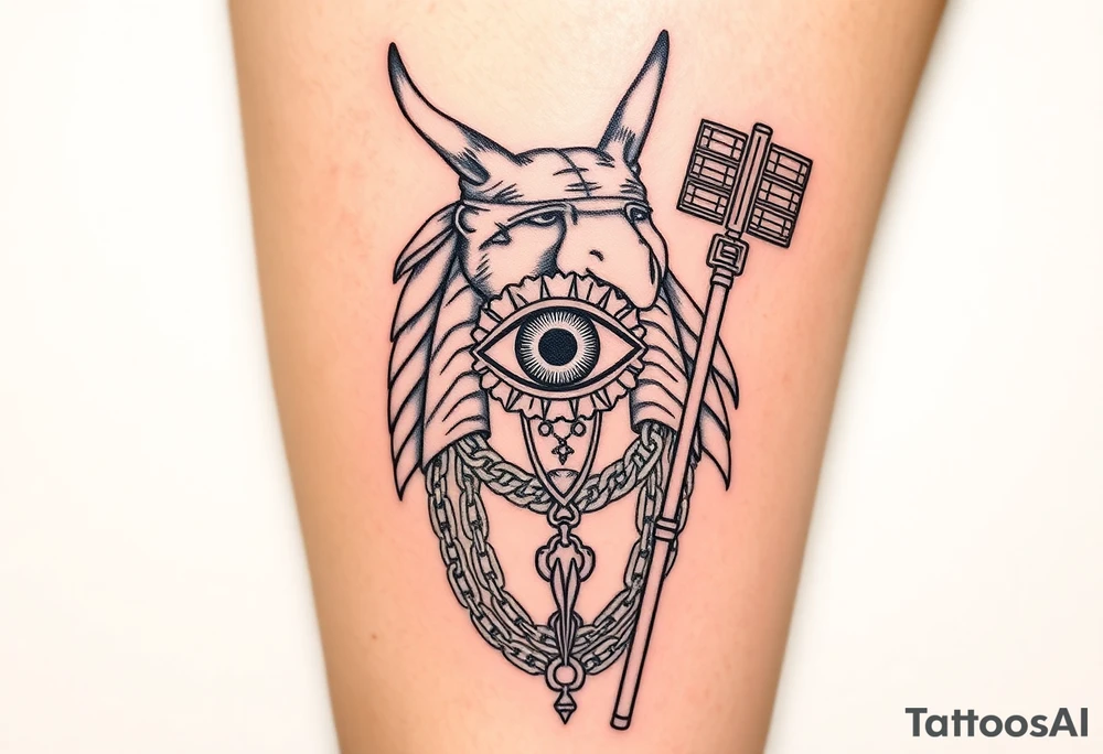 "Anubis as gold chains, Crip bandana. His staff is a satellite antenna. Floating Eye of Horus is a blockchain audit log.  

Style: Hyper-detailed blackwork. Thigh/calf placement." tattoo idea