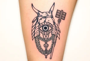 "Anubis as gold chains, Crip bandana. His staff is a satellite antenna. Floating Eye of Horus is a blockchain audit log.  

Style: Hyper-detailed blackwork. Thigh/calf placement." tattoo idea