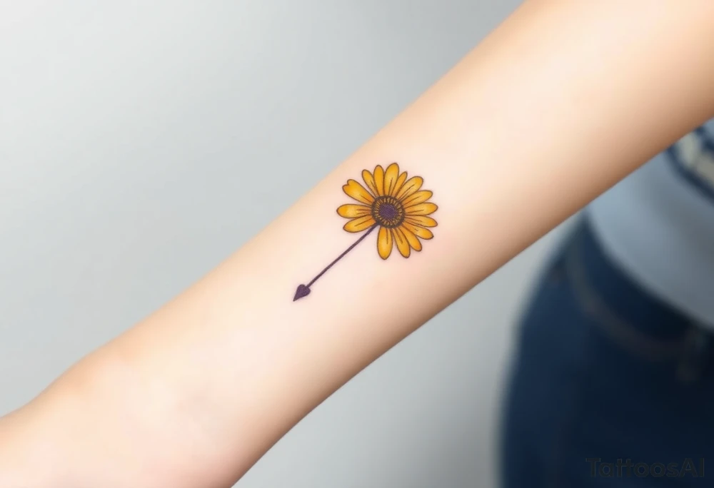 Simple yellow daisy with Purple Hearts & cross tattoo idea