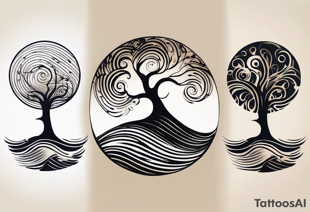 A tattoo design that incorporates the following elements: an abstract tree of life that has roots emerging  from the ground. Waves of water encapsulate the tree and wind around it in an organic way.  Incorporate music.   the letters U and A are overlapping and engraved into the tree. a golf ball incorporated but not prominent. tattoo idea