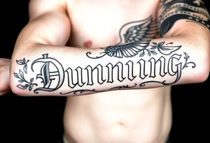 Last name Dunning, in Roman bold font in middle of forearm with background including leaves,angel wing going near elbow,tribal pattern. tattoo idea