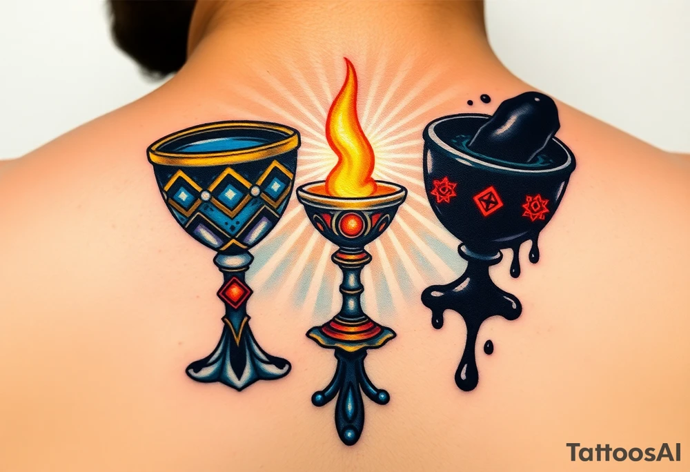 A radiant, holy grail, glowing with soft blues and golds, surrounded by soft rays of light, opposed to a dark chalice, dripping black liquid, with red glowing symbols and a menacing aura, symbolizing a search for purity and a thirst for darkness. tattoo idea