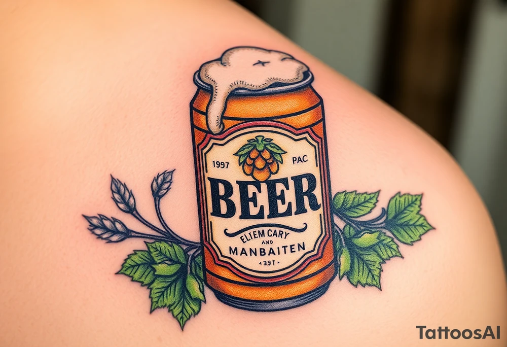 A vintage-style beer can with a retro label, featuring bold typography, a golden hop emblem, and subtle weathered textures. The can is slightly tilted, with frothy foam dripping over the top, and surrounded by barley stalks and hop vines in warm amber, deep green, and rustic brown tones tattoo idea