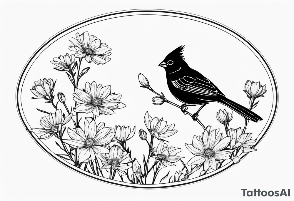 Oval shape with sea rocket and aster flowers with a small cardinal room in the center for a signature less ornate make the cardinal smaller and leave the center empty smaller cardinal and put it on the flowers tattoo idea