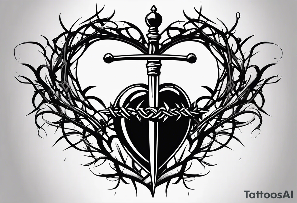 A simple design of a crown of thorns resting on the guard of a sword that is piercing a heart tattoo idea