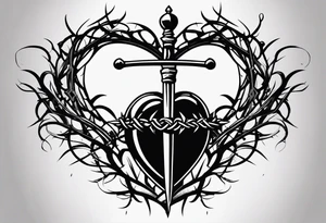 A simple design of a crown of thorns resting on the guard of a sword that is piercing a heart tattoo idea