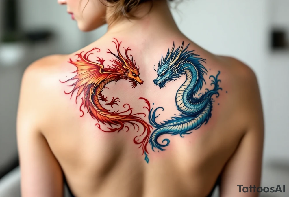 One partner wears a fierce red-orange phoenix, while the other bears a cool silver-blue dragon, united as fire and wisdom. tattoo idea