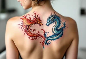 One partner wears a fierce red-orange phoenix, while the other bears a cool silver-blue dragon, united as fire and wisdom. tattoo idea