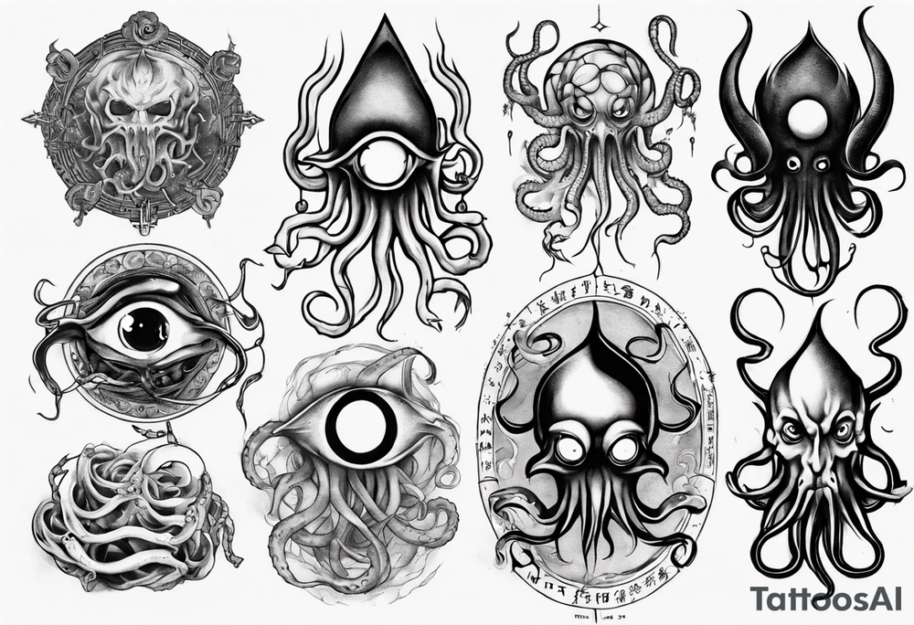 lovecraft long tattoo to put on the forearm, with eye and tentacle tattoo idea