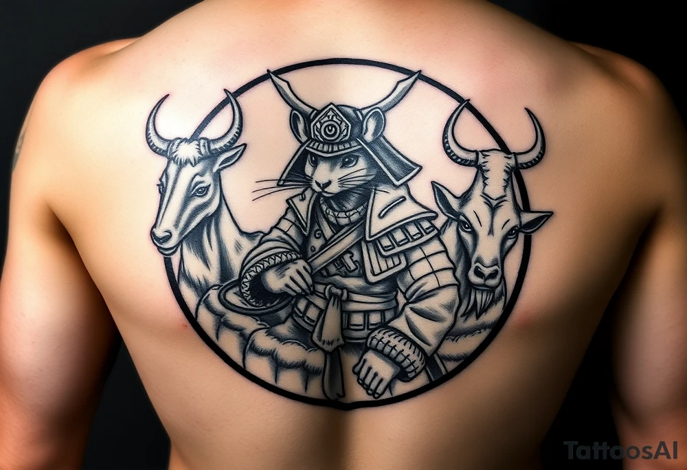Japanese style tattoo with rat dressed as a Japanese samurai warrior. Surrounded by the rat is a goat, dog, and ox all dressed up sumurai style. Whole tattoo fits within a round shape without circular border tattoo idea