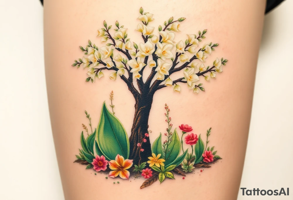 Lilly of the vally plants underneath a blooming hawthorn tree with other colorful plants on ground tattoo idea