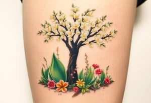 Lilly of the vally plants underneath a blooming hawthorn tree with other colorful plants on ground tattoo idea
