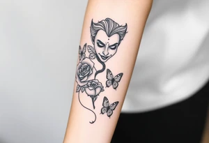 Joker tattoo with roses and a snake through the roses and money butterfly’s with filler ink full arm tattoo idea
