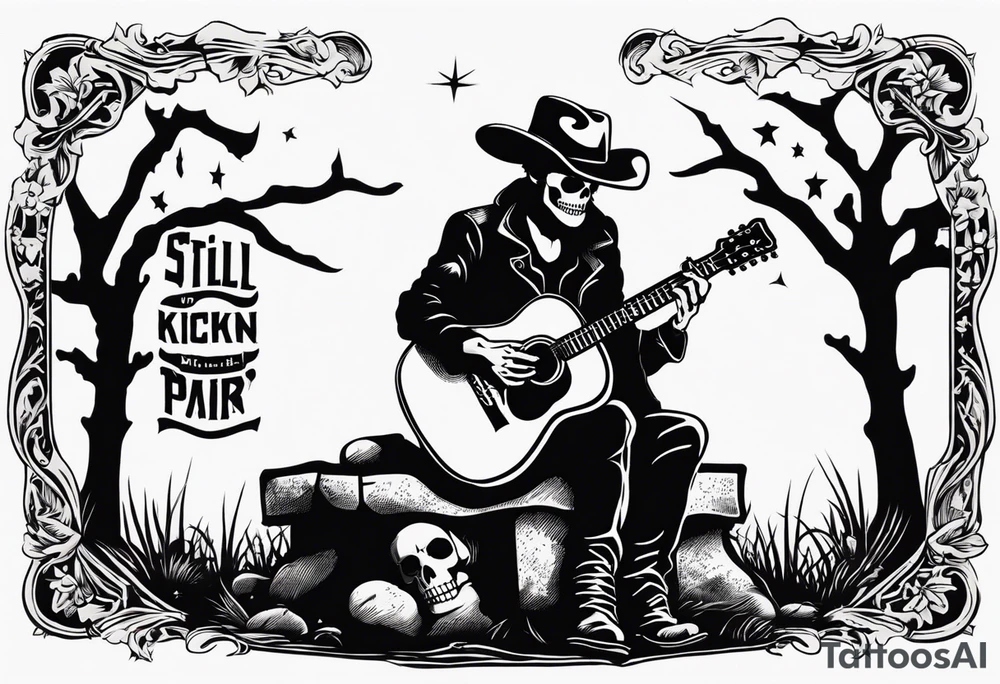 A skeleton with a cowboy hat on playing the guitar while sitting on a gravestone engraved with the words "Still Kickin'" and a pair of cowboy boots tattoo idea