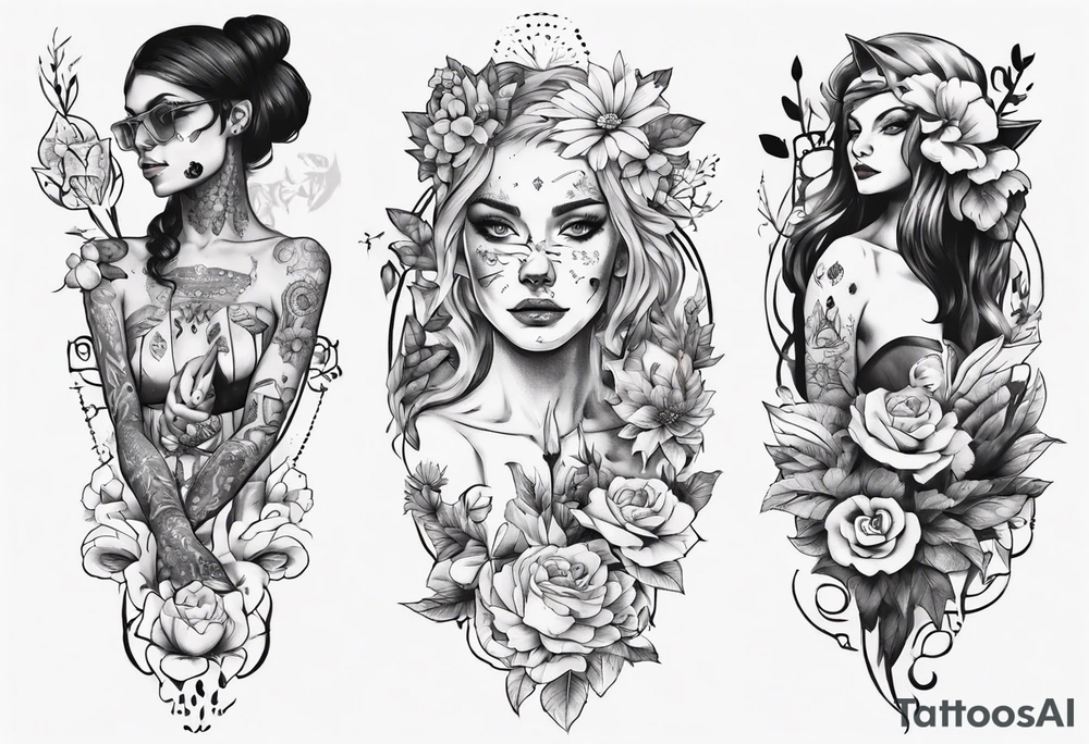 B&w tattoo arm with flowers dotting work and with an cat in it and a dark elf woman Scandinavian tattoo idea