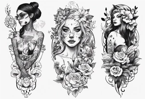 B&w tattoo arm with flowers dotting work and with an cat in it and a dark elf woman Scandinavian tattoo idea