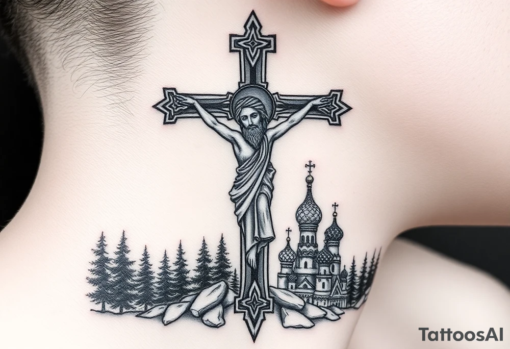 Traditional orthodox ICXC Christian cross with an orthodox portrait Jesus Christ on the cross in a wilderness Russian Kremlin setting tattoo idea